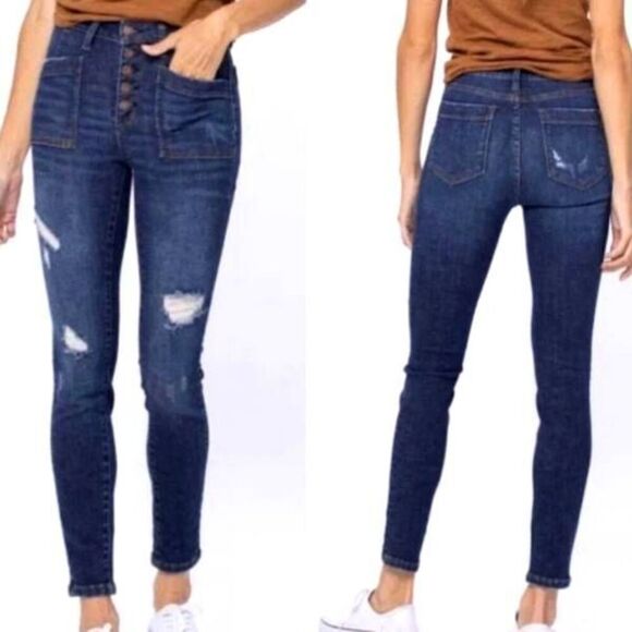 Judy Blue Manchester High Rise Cargo Button Fly Skinny Denim Jeans Sz 5/27 - Picture 1 of 5